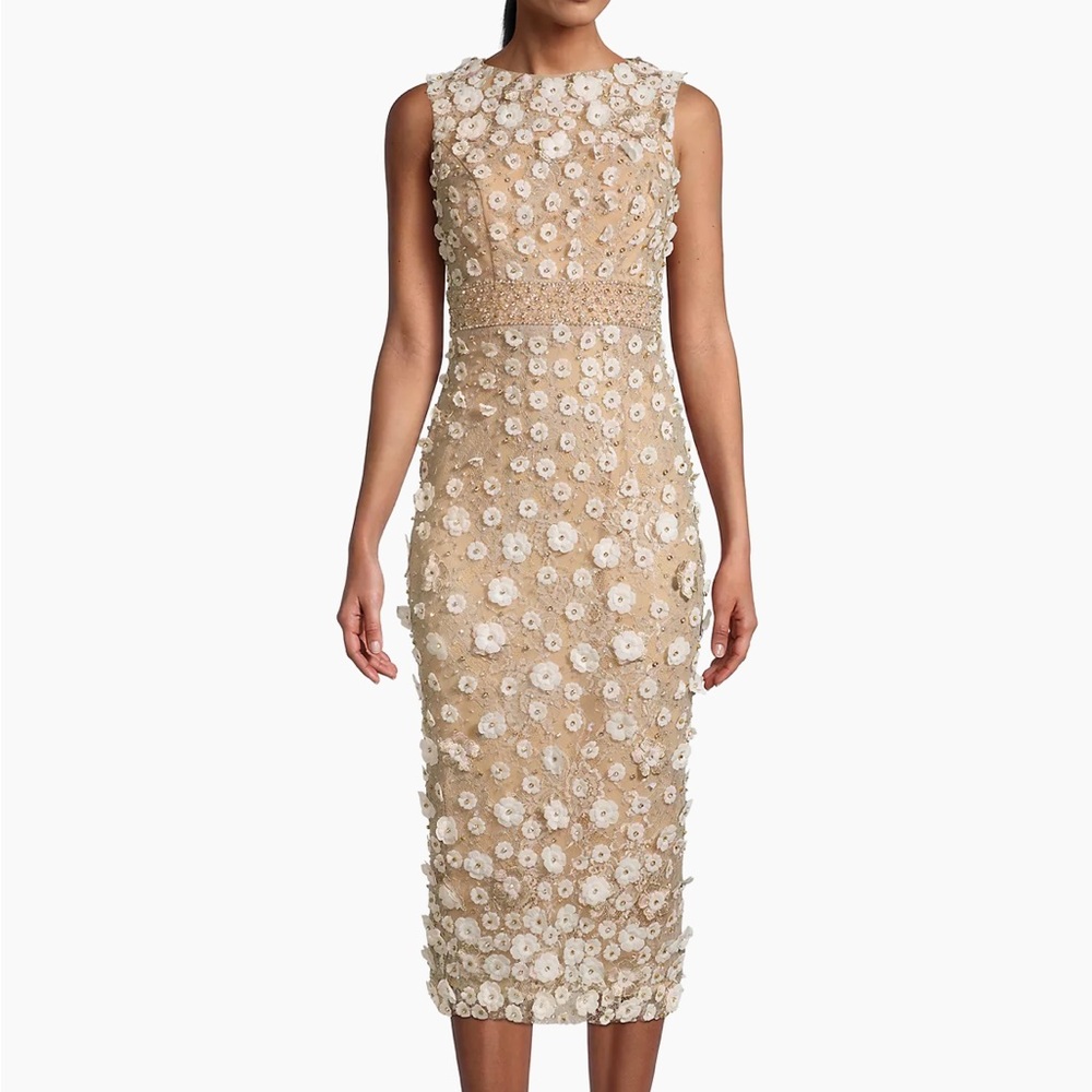 Mac Duggal Cream Sheath Midi Dress for Cocktail Events